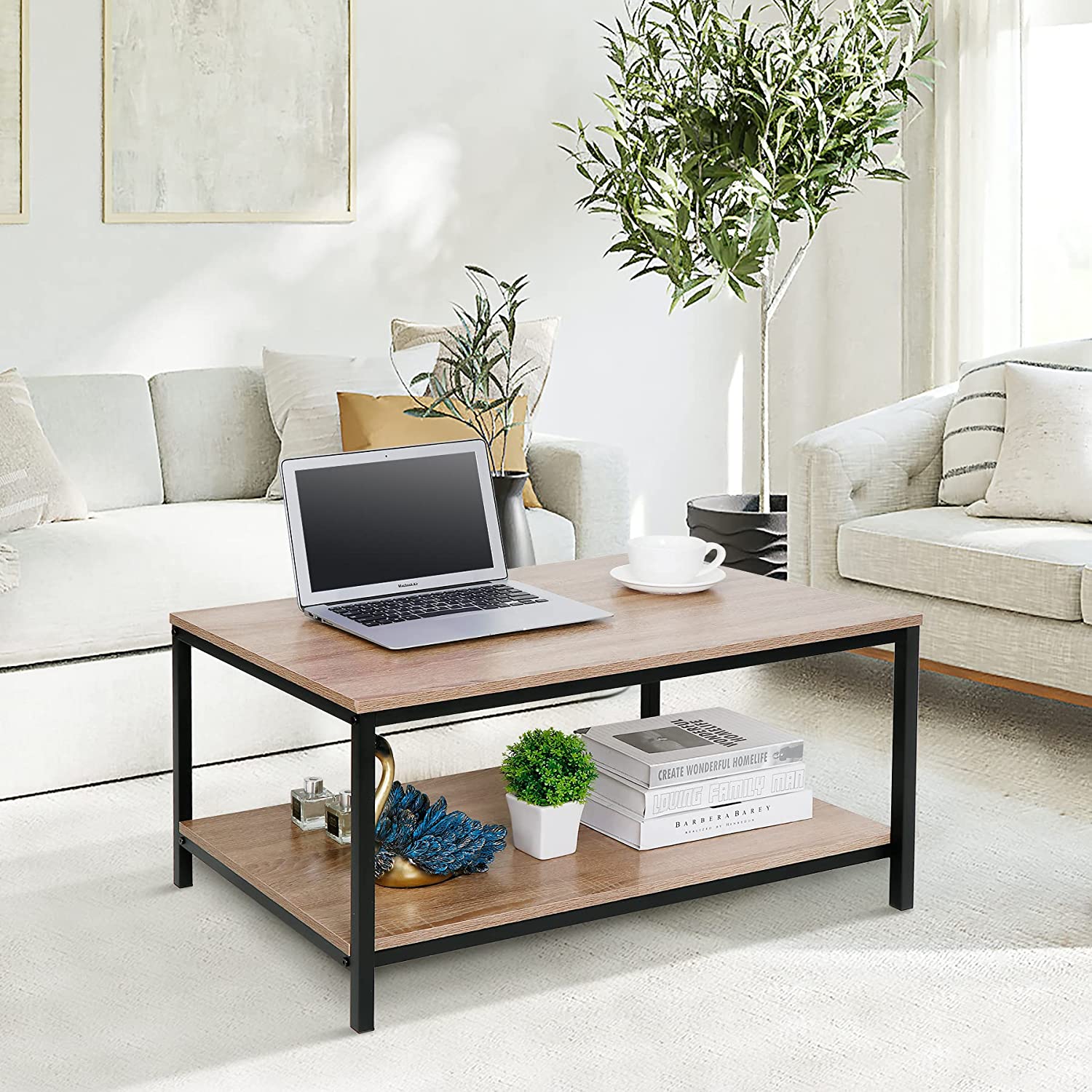 Industrial 2-Tier Coffee Table with Storage Shelf for Small Living ...